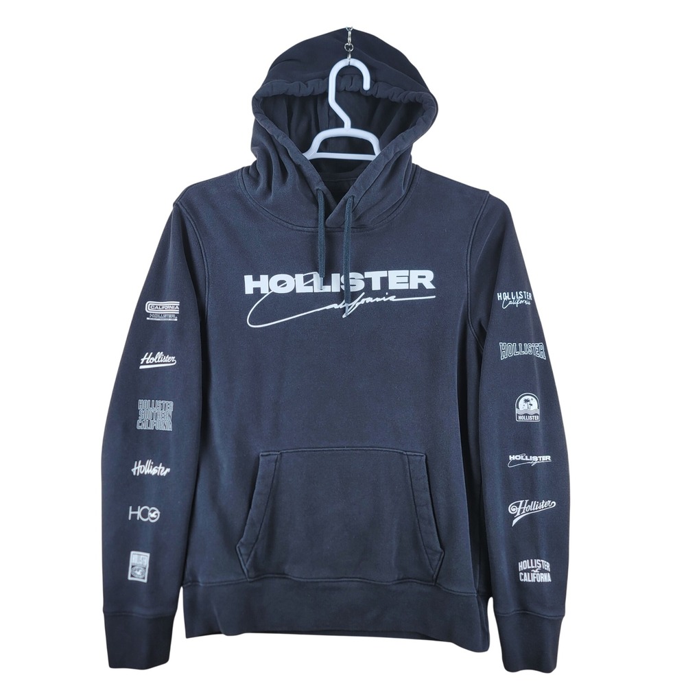 Hollister Hoodie Mens M Black Graphic Sleeve Logo Pullover Sweatshirt